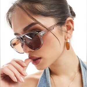 ASOS brown crystal frame tan tinted rounded aviator sunglasses